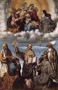 MORETTO da Brescia Saint Bernardino with Saints Jerome,Joseph,Francis and Nicholas of Bari,Virgin and Child in Glory with Saints Catherine of Alexandria and Clare oil on canvas